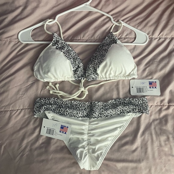 Two piece white swimsuit with leopard print lace trim - Picture 1 of 3
